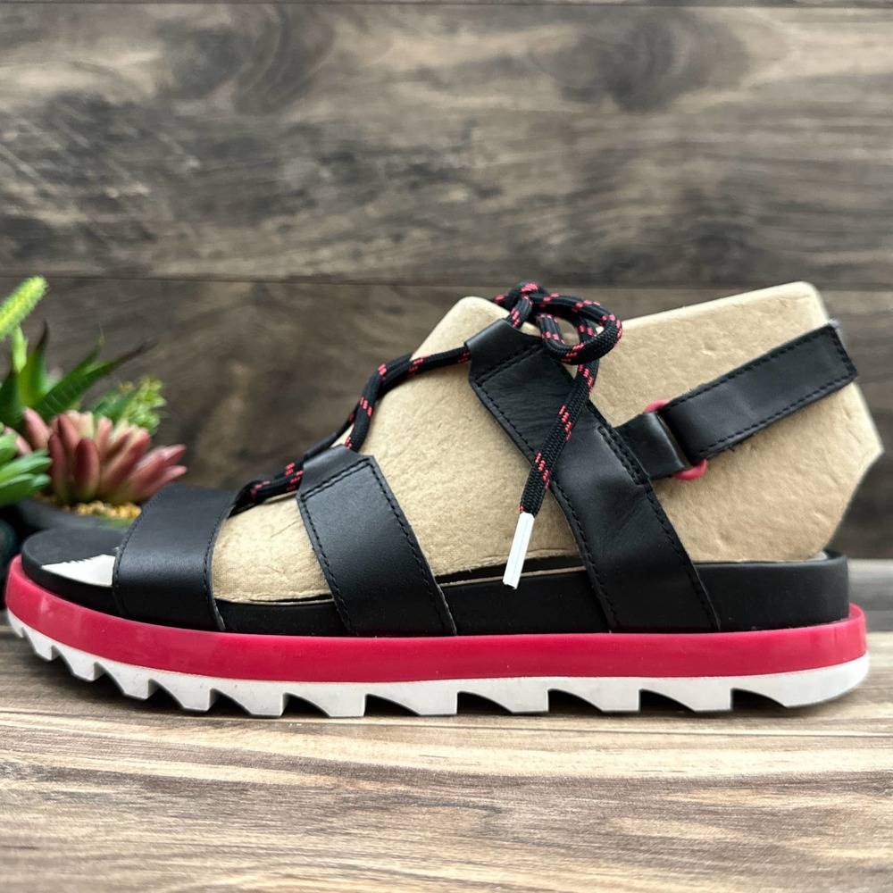 NIB Sorel Roaming Lace 7.5 Slingback Gladiator Flat Leather Sandals Black Pink - Picture 6 of 12